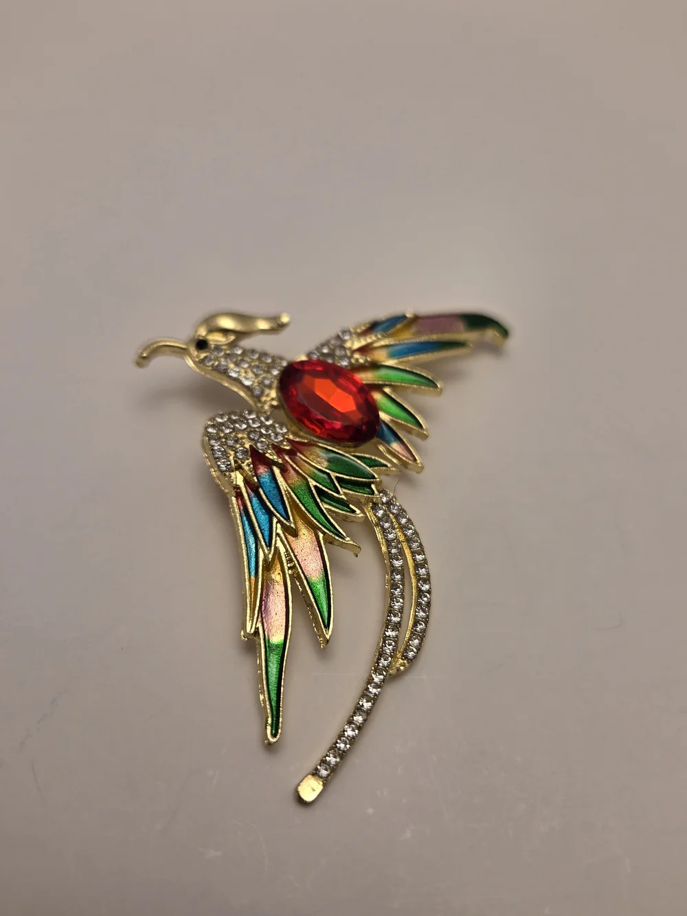 Gold-Tone Multicolor Bird Brooch with Red Center Gem